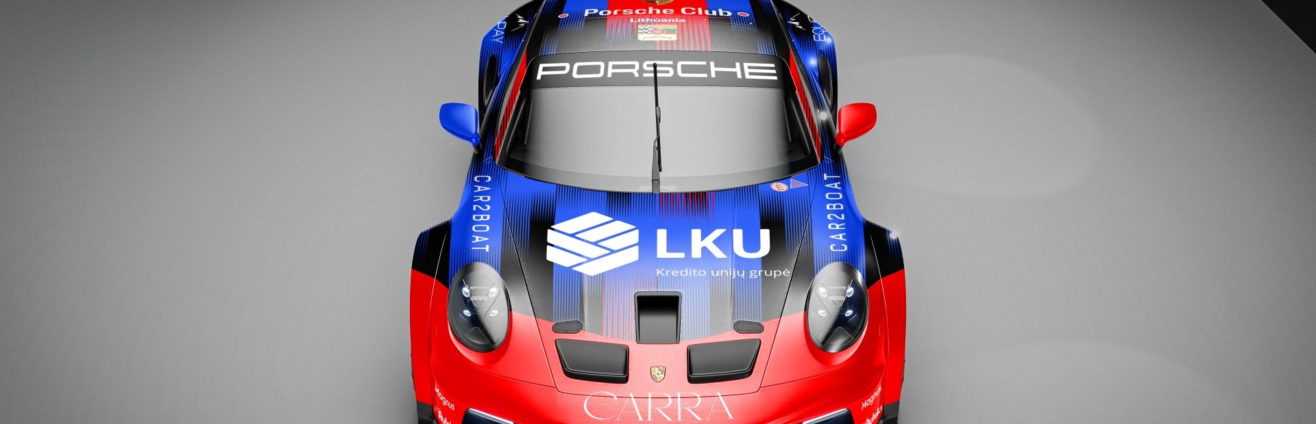 Sportinis ir lenktyninis Porsche automobilis su LKU kredito unijų grupės logotipu