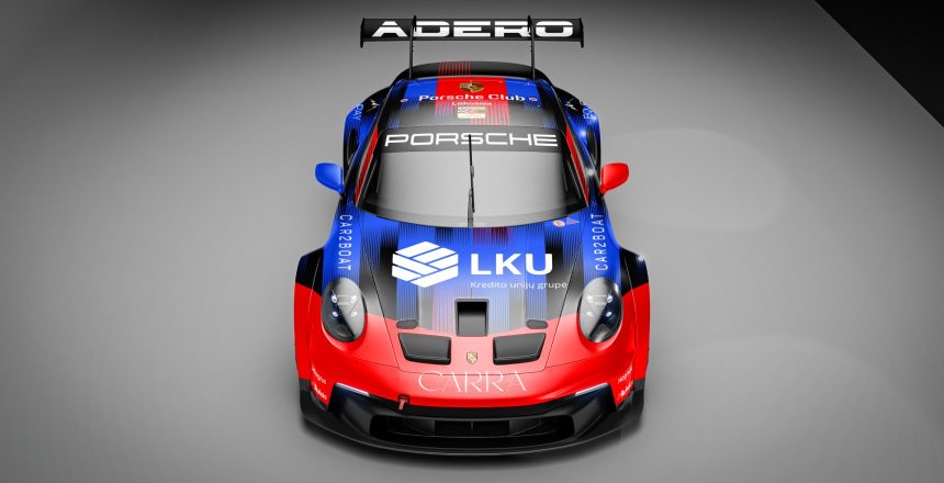 Sportinis ir lenktyninis Porsche automobilis su LKU kredito unijų grupės logotipu